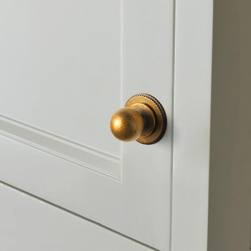 Goo-Ki Antique Brass Cabinet Knobs with Ribbed Backplate, Vintage Globe Drawer Pull Handles for Furniture Restoration, Solid Zinc Alloy Round Ball Hardware (6 Pack)