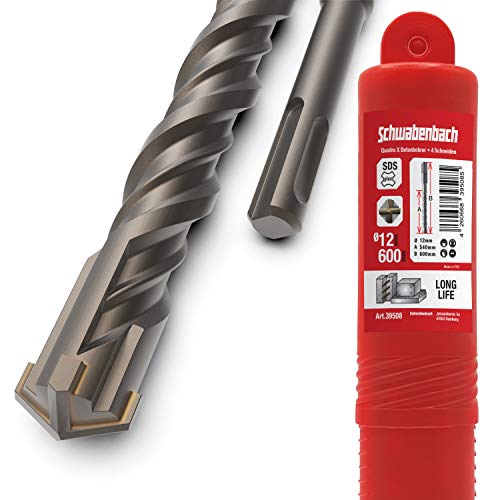 SCHWABENBACH ® SDS Plus Drill 12mm x 600 - Foret à béton - Perçage précis et rapide dans le béton - Qualité supérieure avec pointe en carbure - Pas d'accrochage dans le fer d'armature 12x600mm Cover