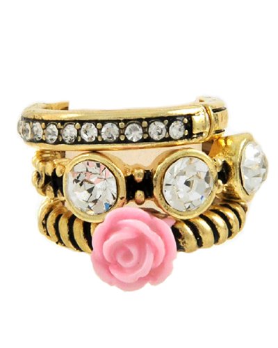 3-Piece Stackable Flower Stretch Ring with Pink Acrylic & Clear Rhinestone in Antique Gold Tone