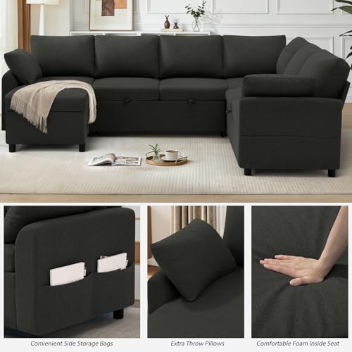 Image of 112 inch Fabric Sectional Sofa w /Pull Out Bed &Storage Chaise,Dark Grey
