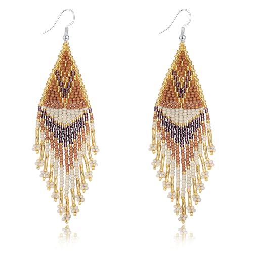 Bohemian Large Long Tassel Beaded Dangle Earrings Native Handmade Boho Statement Big Fringe for Women