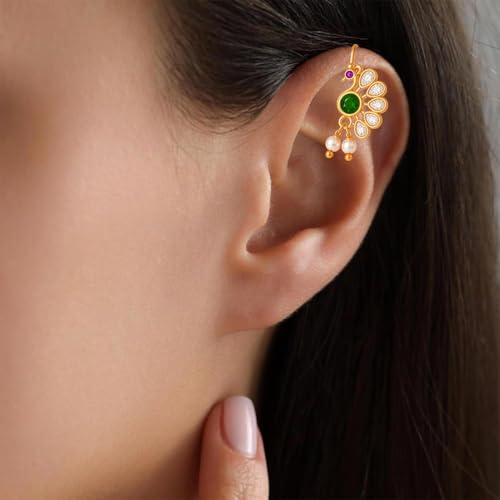 Image of VAMA FASHIONS 18K Gold Plated Anti Tarnish Half Moon Peacock Shape Traditional Maharashtrian Press on Bugadi Upper Ear Clip on Earrings For Women & Girls