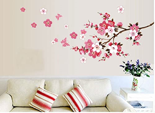 Sworna Nature Series Branch Pink Flowers & Butterfly Removable Vinyl Mural Wall Art Decor Home Stickers Decals Bedroom/Hallway/Sitting/Living Room/Kids Nursery (29.5’’H X 65’’W, Brown & Pink,X-L) #TOP2