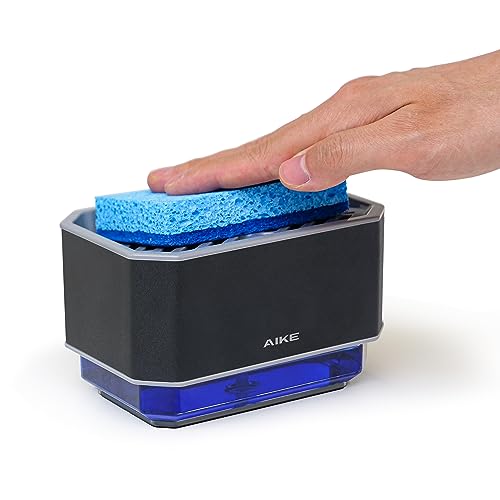 AIKE AK1061 Dispensador De Jabón De Cocina De Acero Inoxidable 240ml con Esponja Incorporada - Dispensador De Detergente Manual 2 En 1 con Esponja