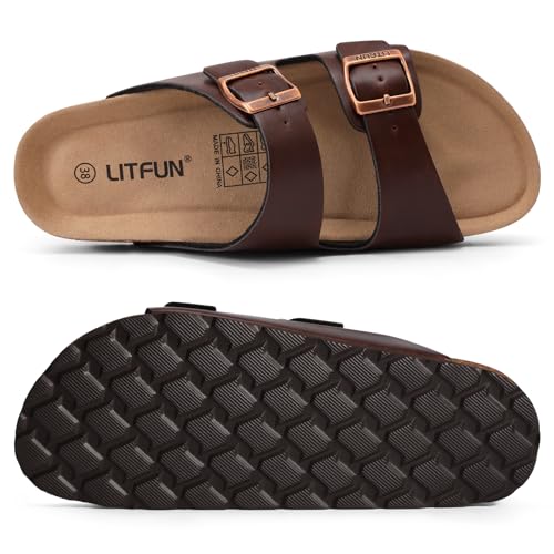 Image of Litfun Unisex Cork Footbed Sandal Summer Slip On Slide Sandals with Adjustable Buckle for Women Men