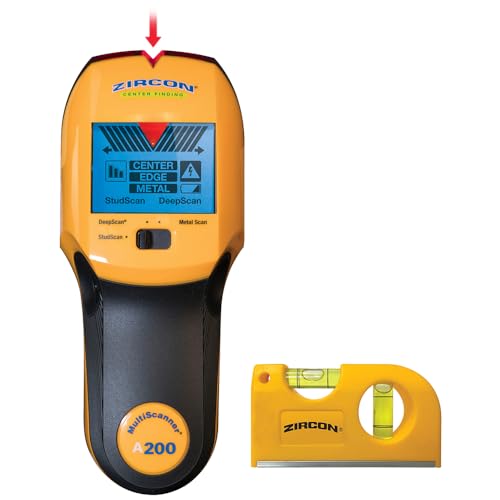 Zircon MultiScanner A200 with Bonus Mini Pocket Level – Electronic Wall Scanner Stud Finder & Metal Detector with Live AC Wire Detection, SpotLite Pointer, ACT Auto-Correcting Technology