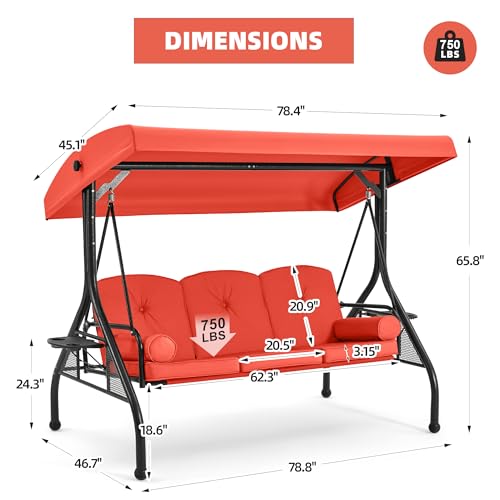 Image of HOMREST 3 Seat Outdoor Porch Swing with Adjustable Canopy, Convertible Patio Swing Bed with Stand, Patio Glider Swing with Upgraded Cup Holder, Thicken Cushions ＆ Pillow for Backyard(Orange)
