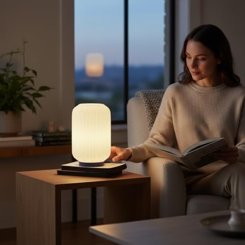 Image of Modern 3D Printed Table Lamp| Bedside Night Lamp | Warm Ambient Light for Bedroom, Living Room, Study Table & HomeDecor | Minimalist LED Desk Lamp for Cozy Lighting (Base- Lavender)