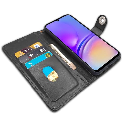 Image of Pikkme Flip Cover Leather Finish | Inside TPU with Card Pockets | Wallet Stand and Shock Proof | Complete Protection Button Flip Case for Samsung Galaxy A05 / M05 / F05 (Black)
