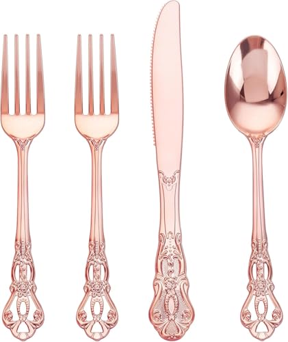 Joyido 40PCS Rose Gold Plastic Silverware - Heavy Duty Elegant Disposable Utensils - Rose Gold Plastic Cutlery set Includes 20Forks 10Spoons 10Knives for Dinner Parties Weddings