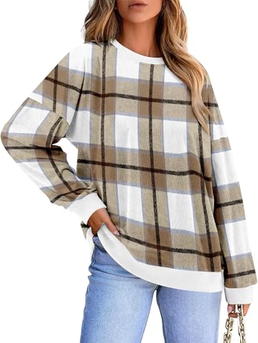 KISSMODA Women's Casual Long Sleeve Sweatshirt Color Block/Solid Crewneck Corduroy Pullover Cute Tops