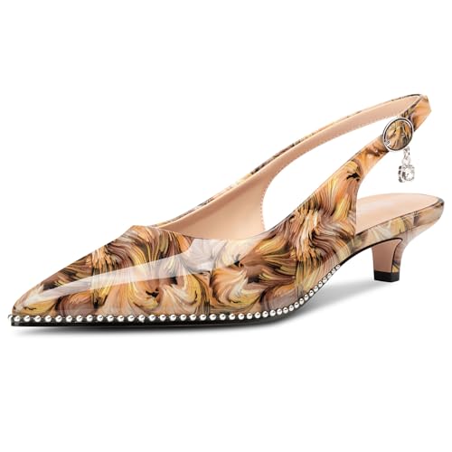 Image of TNYNFBEB Womens Low Kitten Heel Close Pointed Toe Pumps Slingback Silver Beaded Buckle Prom Party Dress Patent Leather 1.4 Inches Heels