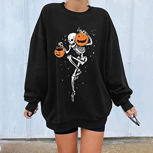 Halloween Sweatshirts for Women, Womens Skull Graphic Print Oversized Crewneck Sweatshirt Long Sleeve Pullover Tops