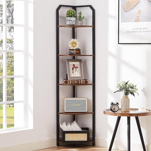 MNEETRUNG Corner Shelf, 5-Tier Industrial Corner Bookshelf, Freestanding Corner Shelf