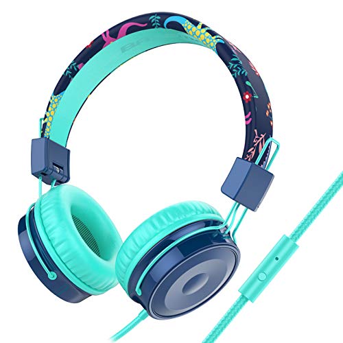 Baseman Kids Headphones with Microphone, Wired On-Ear Headsets with Safe Volume Limited 85 dB, Foldable and Adjustable Headphones with a 3.5mm Jack Cord for Children/School/Cellphone/Tablet Blue