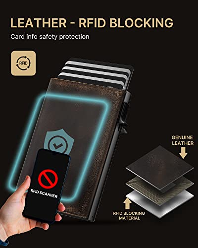 Image of typecase Mens Wallet Card Holder: Pop Up Aluminum Case, Full Grain Leather, RFID Blocking, Smart, Slim, Minimalist, Front Pocket - 9-14 Card Capacity | ID Window | Cash Slot (Burnished Black)
