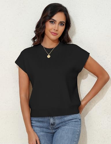 Prettyguide Womens Summer Cap Sleeve Knit Tank Tops Casual Crew Neck Lightweight Sleeveless Sweater Shell Top Black S thumb #1