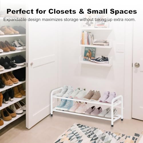 Image of KANAV 2-Tier Expandable Shoe Rack, Heavy Duty Adjustable Metal Shoe Organizer for Closet & Entryway, Freestanding, Tool-Free Assembly, White