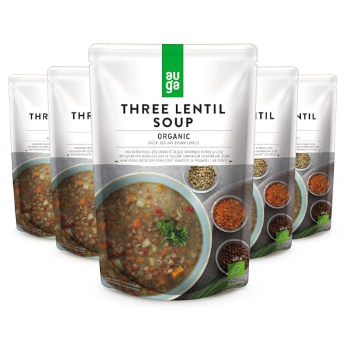 Auga Three Lentil Soup - Multipack of 5 Kosher Red, Green and Brown Lentil Meals - Fresh Gluten Free and Preservatives Free Soups - Ready-to-Eat Vegan Vegetarian Three Lentil Packs for All Occasions