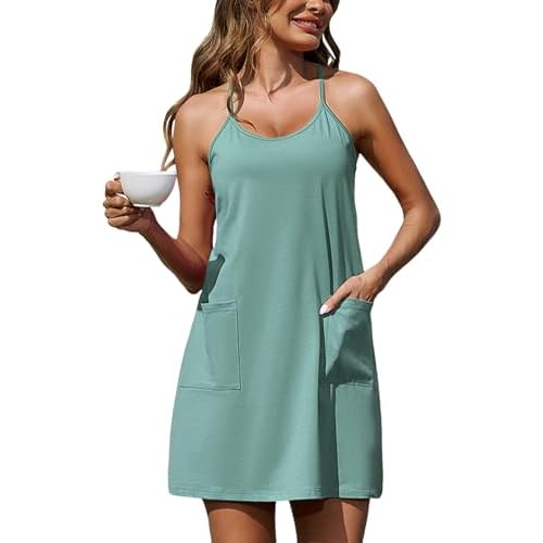 Marvmys Women's Cotton Sleeveless Short Nightgowns Racerback Sleep Dress with Pockets Scoop Neck Chemise Sleepwear Green Small