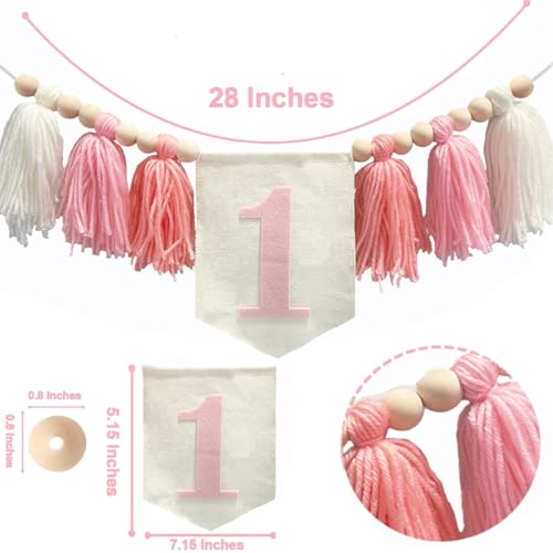 Image of First Birthday Party Decorations Pink Highchair Wood Bead Tassel Garland 1st Birthday Crown Cake Topper