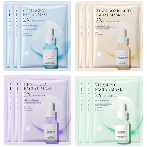 12 PCS Essence Hydrating Sheet Face Mask Set - Sheet Masks for Moisturizing, Anti-Aging & Brightening - Face Masks Skincare for All Skin Types