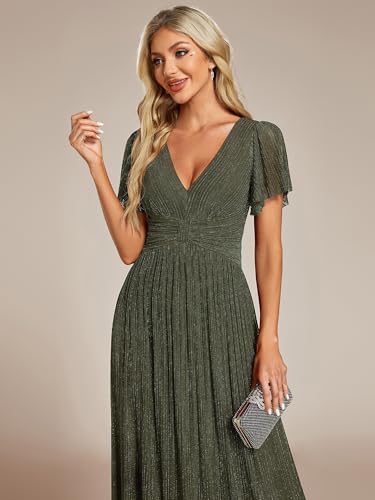 Image of Ever-Pretty Women's V-Neck Glitter Formal Dresses Pleated Short Sleeves Floor Length A-Line Mother of Bride Dress 11961
