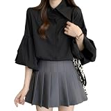[JoccKorr] シャツ レディース ブラウス 半袖 前開き トップス パフ袖 襟付き 七分袖 パフスリーブ ファッション 大きいサイズ ゆったり おしゃれ エレガント 可愛い 着痩せ フォーマル オフィス 通勤 OL きれいめ カジュアル 秋 春夏