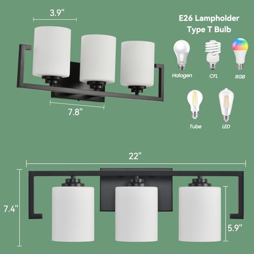 Image of 3-Light Bathroom Light Fixtures, Black Bathroom Lighting Fixtures Over Mirror with Milky White Glass Shades, Modern Vanity Lights for Mirror Hallway Bedroom Living Room