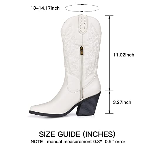Shibever Cowgirl Boots Cowboy Boots For Women Western Pointy Toe Chunky Heel Mid Calf Boots White 7 #TOP6