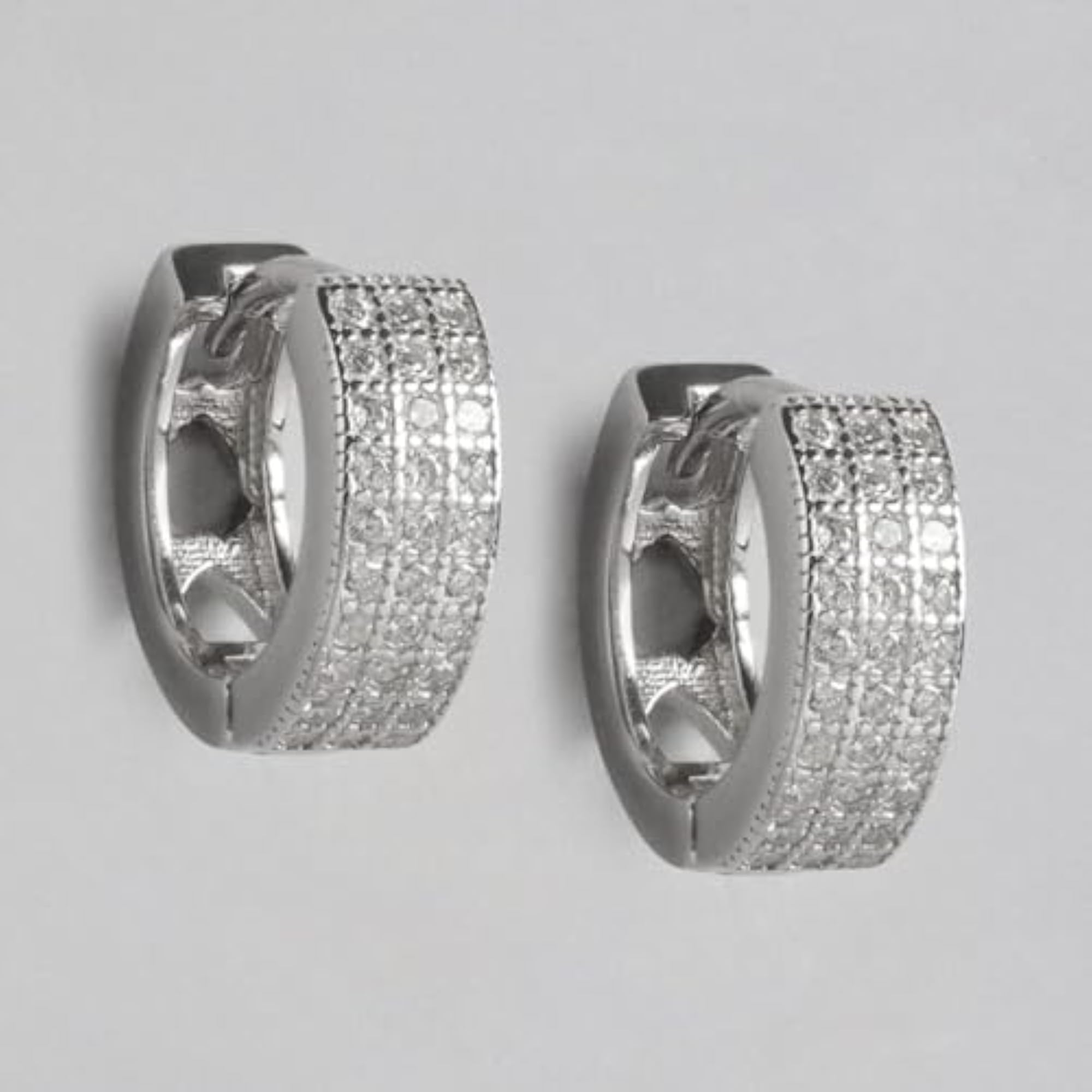 Women's 925 Sterling Silver Designer CZ Bali Rhodium Plated Hoop Earrings