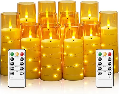 Image of LTETTES Acrylic Fiber Glass Led Candles Set of 12 | Embedded Star String Lights | Flickring Wick | 2 AA Battrey Operated with Remote | Home Decor & Festival | H 5.5'', 6.5'', 7.5'' x D 2.3'' | Gold