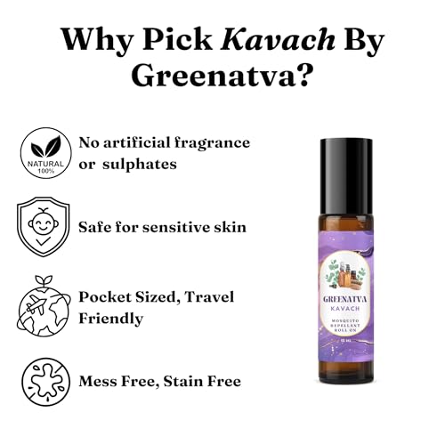 Image of Kavach by Greenatva - Mosquito Repellent Roll On, Keeps Mosquitoes Away, Heals Cuts & Soothes Bites, Skin Safe for Kids 2+ years, Adults, DEET Free, Lemongrass, Eucalyptus, Citronella Essential Oil Blend, 10ml per bottle, Lasts more than 60 applications, Plant Based, Organic, Vegan