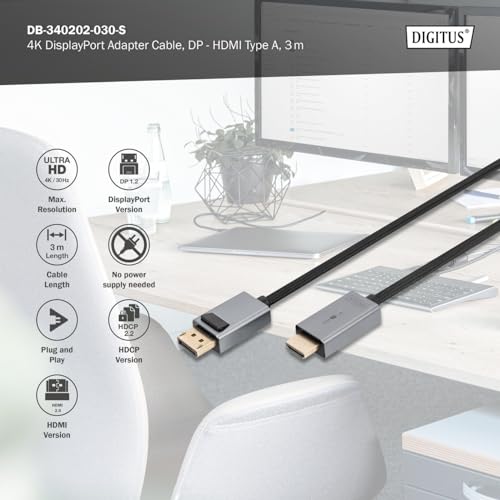Digitus Cavo Adattatore Da Displayport A Hdmi - 4K/30Hz - Hdmi 2.0 - Displayort 1.2 - Led Di Stato - Plug&Play - Contatti Placcati Oro - 3M - Nero - 4
