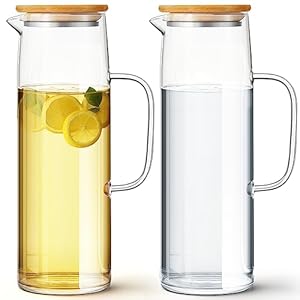 Hsei 2 Sets Glass Pitcher with Lid, 50 oz / 1500 ml Water Carafe with Handles Hot Cold Beverage Water Jar Glass Jug for Tea Juice Milk Coffee Iced Beverage