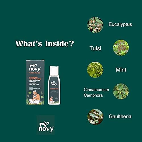Novy Cold & Flu Instant Relief Oil | 100% Natural | Indian Ayurvedic Herbal Oil | Effective Against Cold, Sore Throat, Fever, Headache, Infections | 15 ml