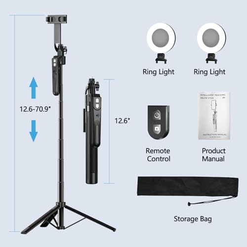 Image of yAyusi Extendable Auto Face Tracking Tripod 360 Rotation with Light, No App, 70.9 inch Motion Sensor Phone Tripod Stand, Face Body Phone Camera Mount Gesture Control for Vlog /Live Stream