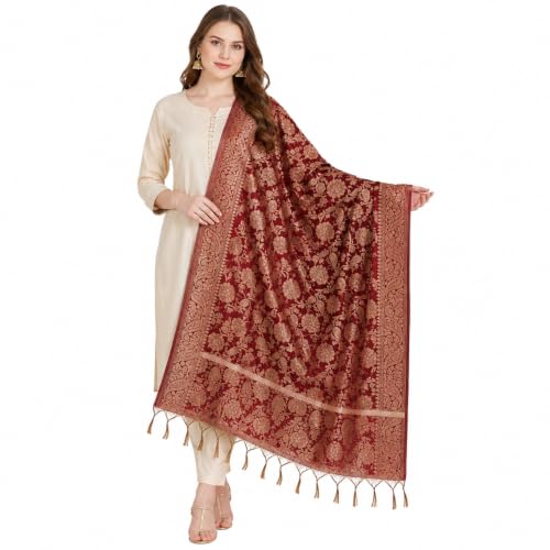 Women’s Maroon Banarasi Style Woven Dupatta with Gold Floral & Paisley Design, Decorative Border & Tassels, Traditional Indian Ethnic Stole for Kurta, Salwar Suit, Lehenga, Wedding & Festival Wear