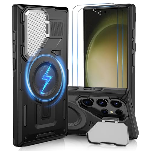 Pilaru for Samsung S22 Ultra/S23 Ultra Case [Compatible with Magsafe] Full Camera Protection | Alloy Stand | Military-Grade Protection, Magnetic Charging Phone Case for Galaxy S22/S23 Ultra,Black