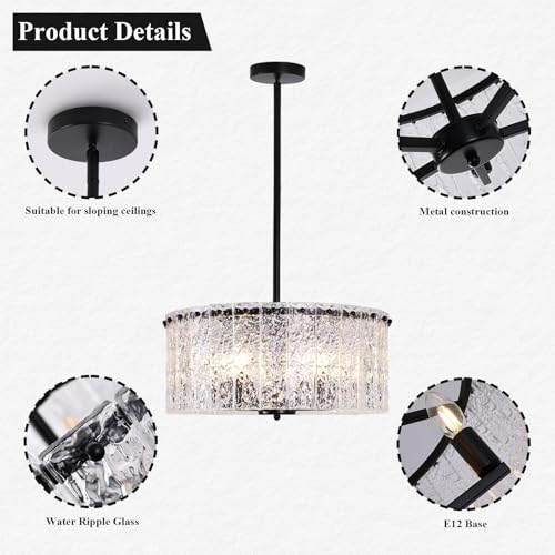 KELUOLY Black Round Crystal Chandeliers, 17.7" Farmhouse Water Ripple Glass Light Fixture, 5-Light Modern Drum Pendant Lighting Ceiling Hanging Light Fixture for Kitchen Island Dining Room Bedroom by KELUOLY - Image 4