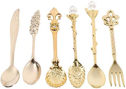 Vintage Metal Coffee Spoons Fork, Royal Style Metal Mini Coffee Kitchen Dessert Fruit Spoons Teaspoon Ice Cream Spoon(Antique Brass)