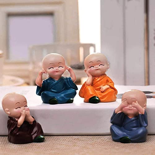 Image of AUGEN Polyresin Set of 4 Buddha Monks Statues Figurines Showpiece for Wall Shelf Table Desktop Living Room Car Dashboard Decoration Home Office Decor (Multicolour)