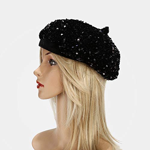 Eilova Orityle Women Beret Hat Glitter Sequins French Style Beanie Cap Adjustable Fashion Shimmer Hat For Girls Ladies Black #TOP1