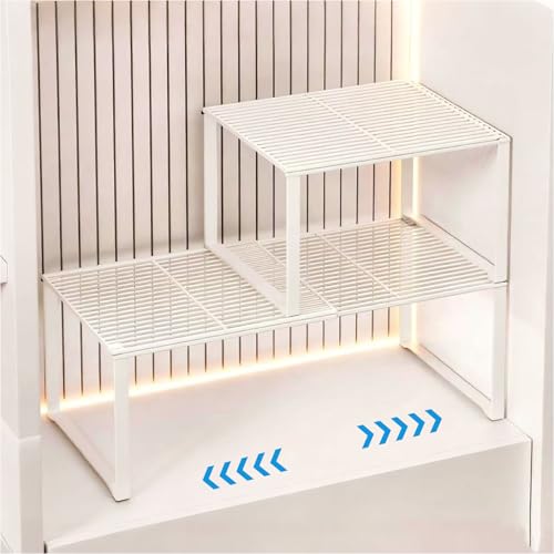 HGZBS Extendable Metal Wire Shelf Organizer - Adjustable 15-24.4in Length, Stackable Storage Rack for Kitchen/Pantry/Bathroom/Shoe Cabinet/Tool Closet (2, White)