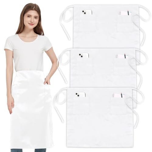 3 Pièces Tablier de Taille avec 3 Poches et Sangle Réglable, Imperméable Tabliers de Cuisine Blanc pour Femme et Homme, Court Tablier Pour Serveurs Chefs Bistro...