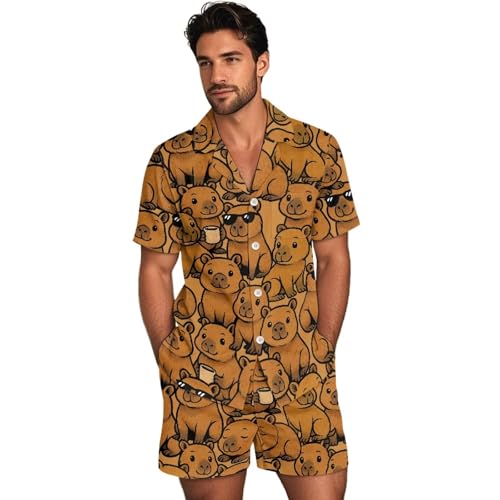 Mens Pajamas Set Summer Sleepwear Two Piece Outfits Soft Nightwear Button Down Top Shorts with Pockets, XS-5XL