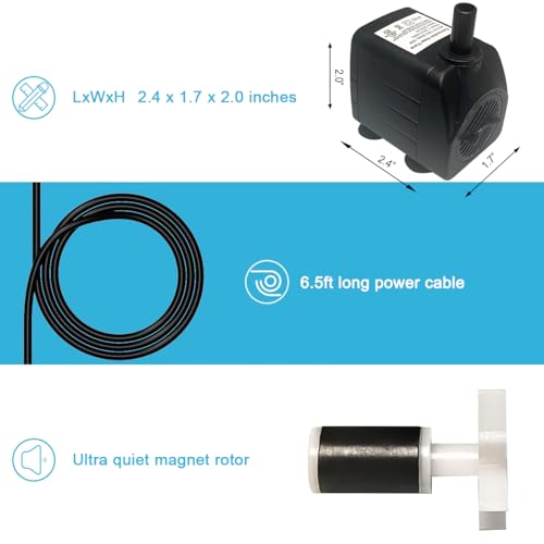 Image of Submersible Pump 160GPH 3.9ft Lift 10W 110V 2-Prong Adjustable 5 /16 inch&1 /2 inch Barb for 3-15Gal Aquariums, Outdoor Fountains