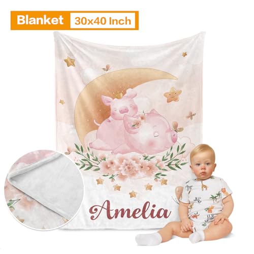 Duckbe Custom Baby Crib Bedding Set - Moon Animal Personalized Name Nursery Bed 3 Pcs Set - Chic Soft Blanket, Sheet, Crawling Rug for Newborns Boys Girls Gifts Color13-Pig