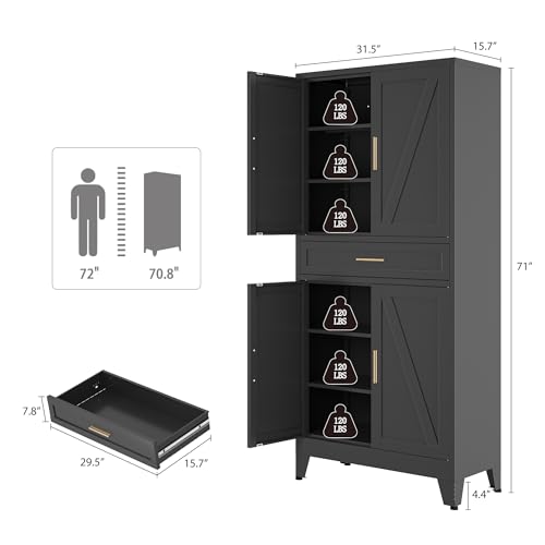 Image of Bevivog Tall Pantry Storage Cabinet with Drawers, Metal Storage Cabinet with Doors and Shelves, 4 Doors Freestanding Cupboard Cabinets for Office /Pantry /Living Room