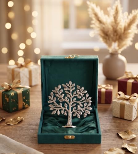 Image of Metal Kalpavriksha Tree for Home Decor - Golden Wish Fulfilling Tree Metal Showpiece for Temple, Vastu, Office Table & Gifting Banyan (No 0 Silver with Box)